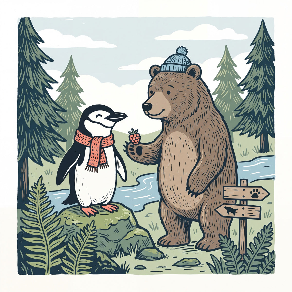 Wild Neighbours: an illustration of a chinstrap penguin, the penguin meets its wild neighbours