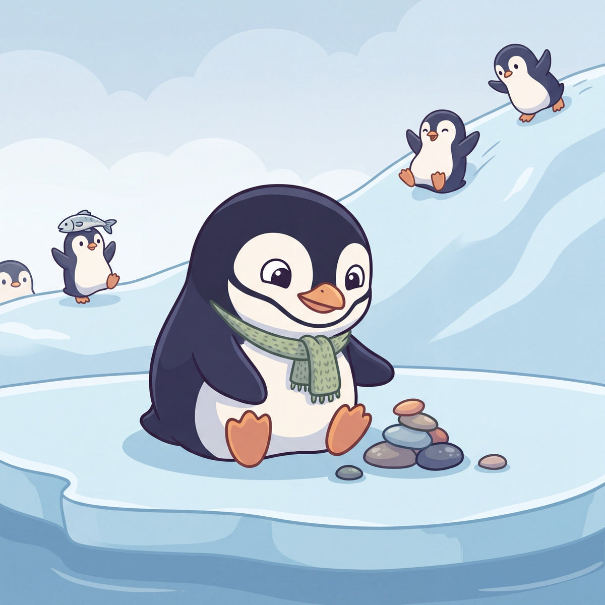 Unflappable: an illustration of a chinstrap penguin, calm minds and sunny outlooks