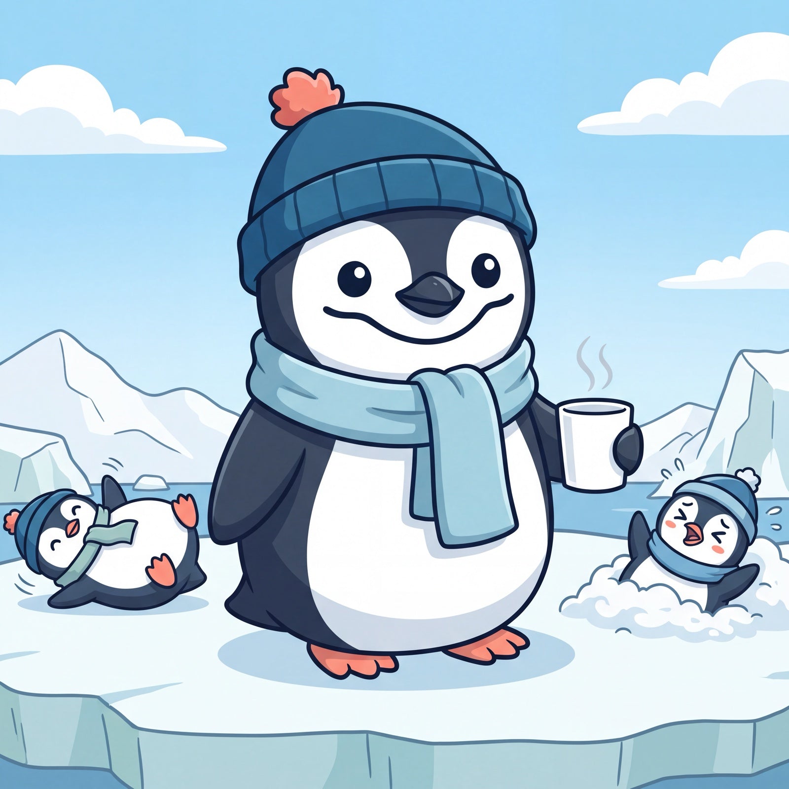 Unflappable: an illustration of a chinstrap penguin, calm minds and sunny outlooks