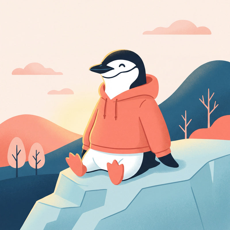 Crewnecks & Hoodies: an illustration of a chinstrap penguin wearing a plain cosy hoodie