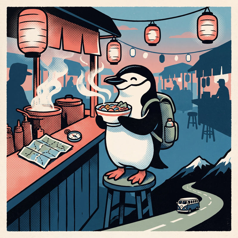 Waddlelust: an illustration of a chinstrap penguin, travel and outdoor adventure