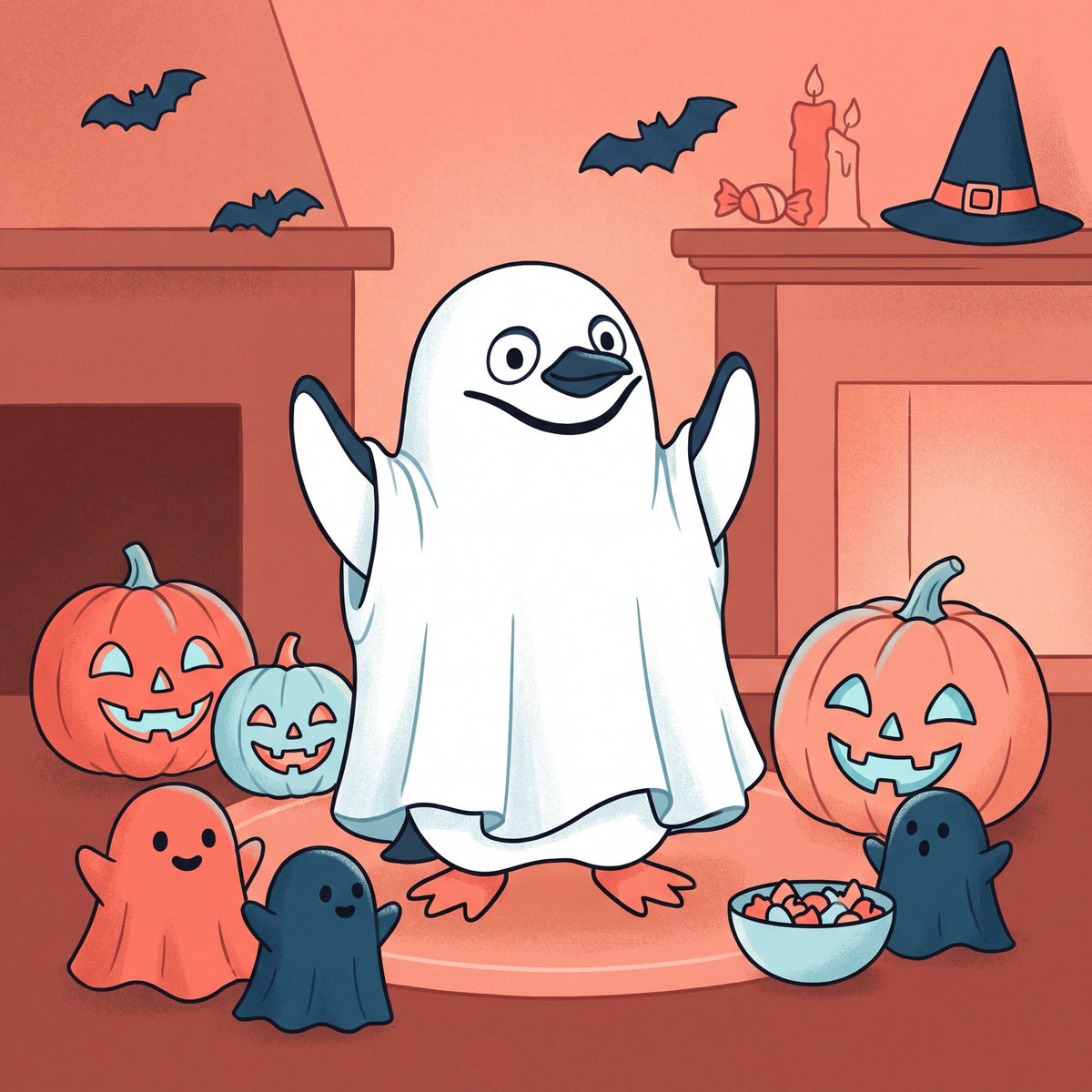 Spooky Season: an illustration of a chinstrap penguin, Halloween