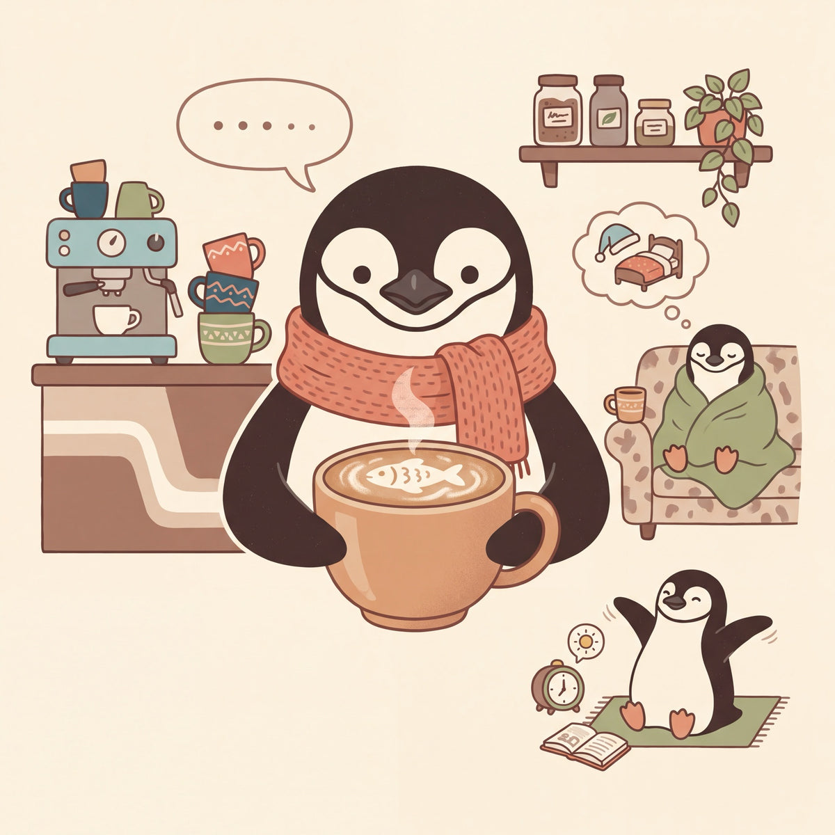 The Morning Waddle: an illustration of a chinstrap penguin, coffee and slow mornings