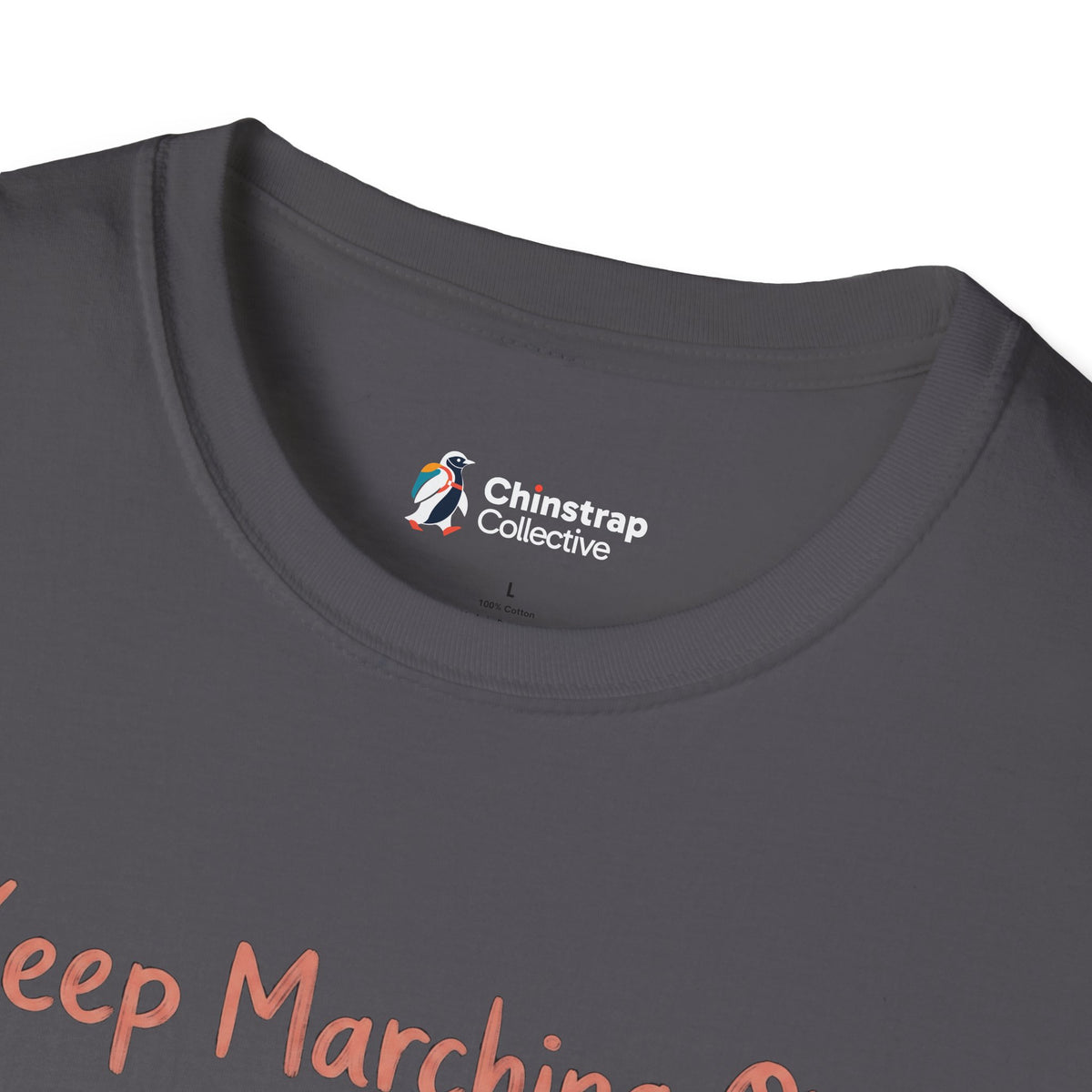 The Chinstrap Collective neck label on the Keep Marching On T-shirt in Charcoal