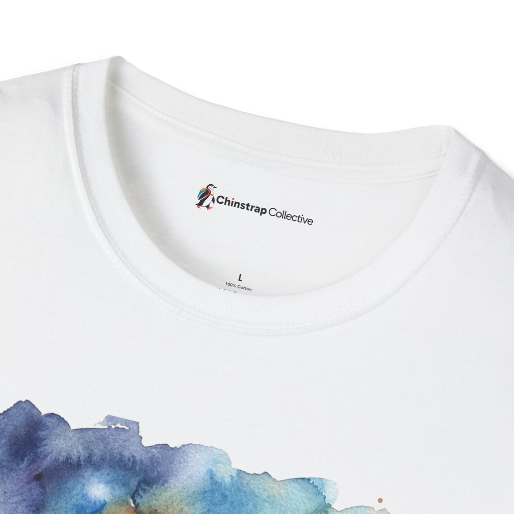 The Chinstrap Collective neck label on the Pumpkin Picking Penguin T-shirt in White
