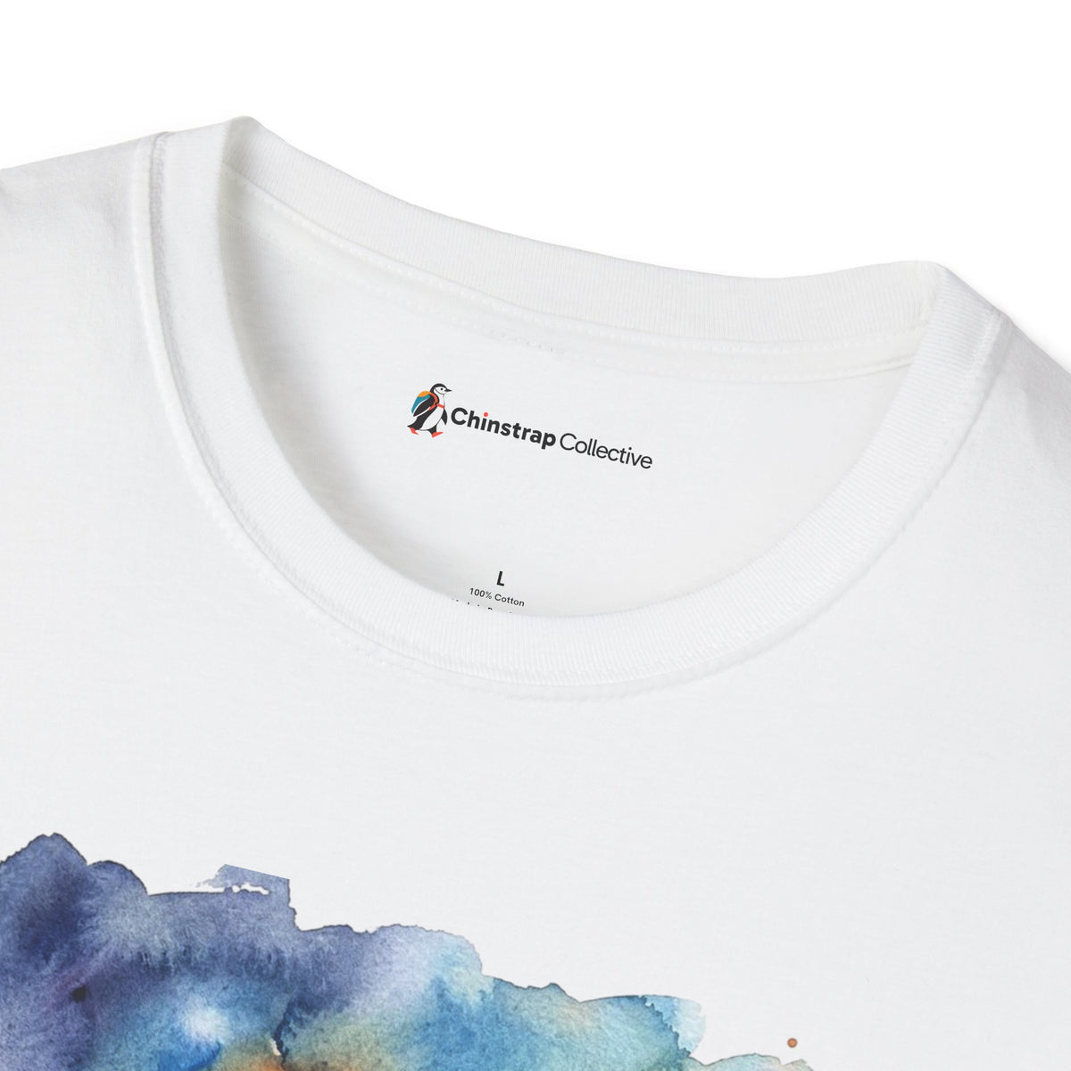 The Chinstrap Collective neck label on the Pumpkin Picking Penguin T-shirt in White