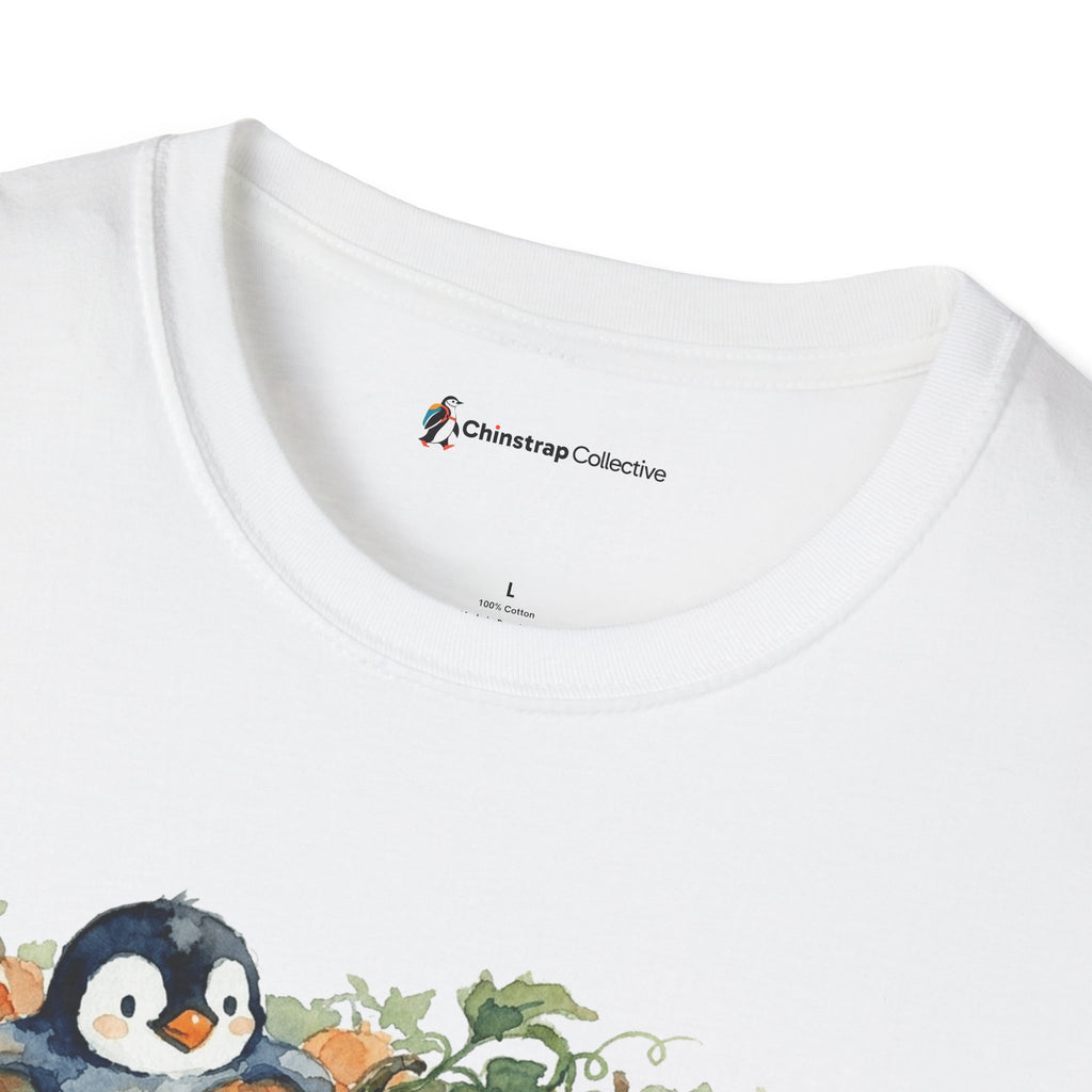 The Chinstrap Collective neck label on the Penguin Pumpkin Patch T-shirt in White