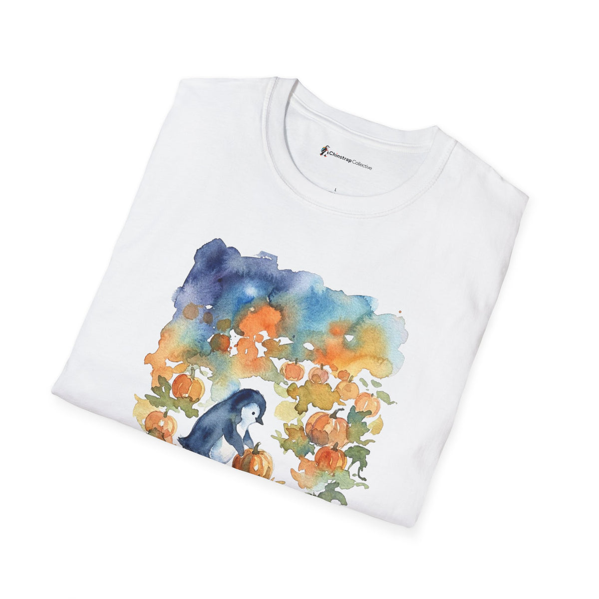 The Pumpkin Picking Penguin T-shirt in White, folded