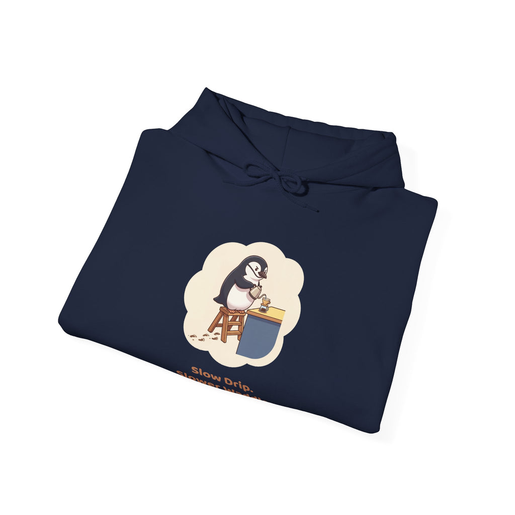 The Pour-Over Patience hoodie in Navy, folded