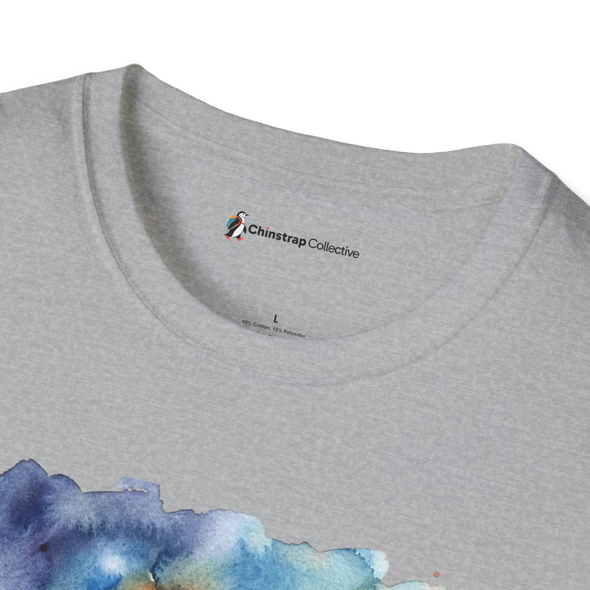 The Chinstrap Collective neck label on the Pumpkin Picking Penguin T-shirt in Sport Grey