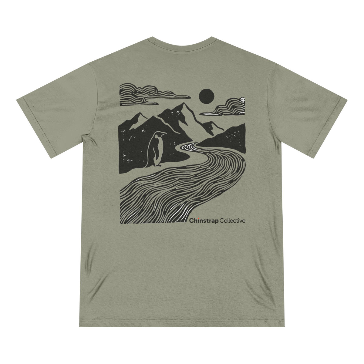 The back of the Penguin Mountain River T-shirt in Eucalyptus