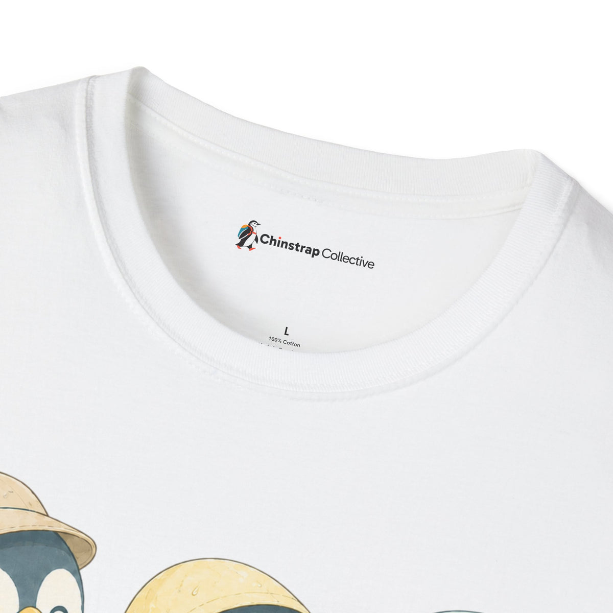 The Chinstrap Collective neck label on the Rainy Hike Penguins T-shirt in White
