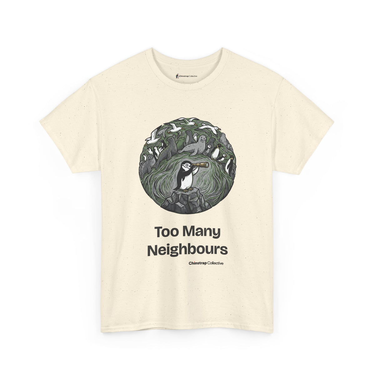 Too Many Neighbours penguin T-shirt in Natural: In a round, engraving-style scene of greens and greys, the penguin peers…