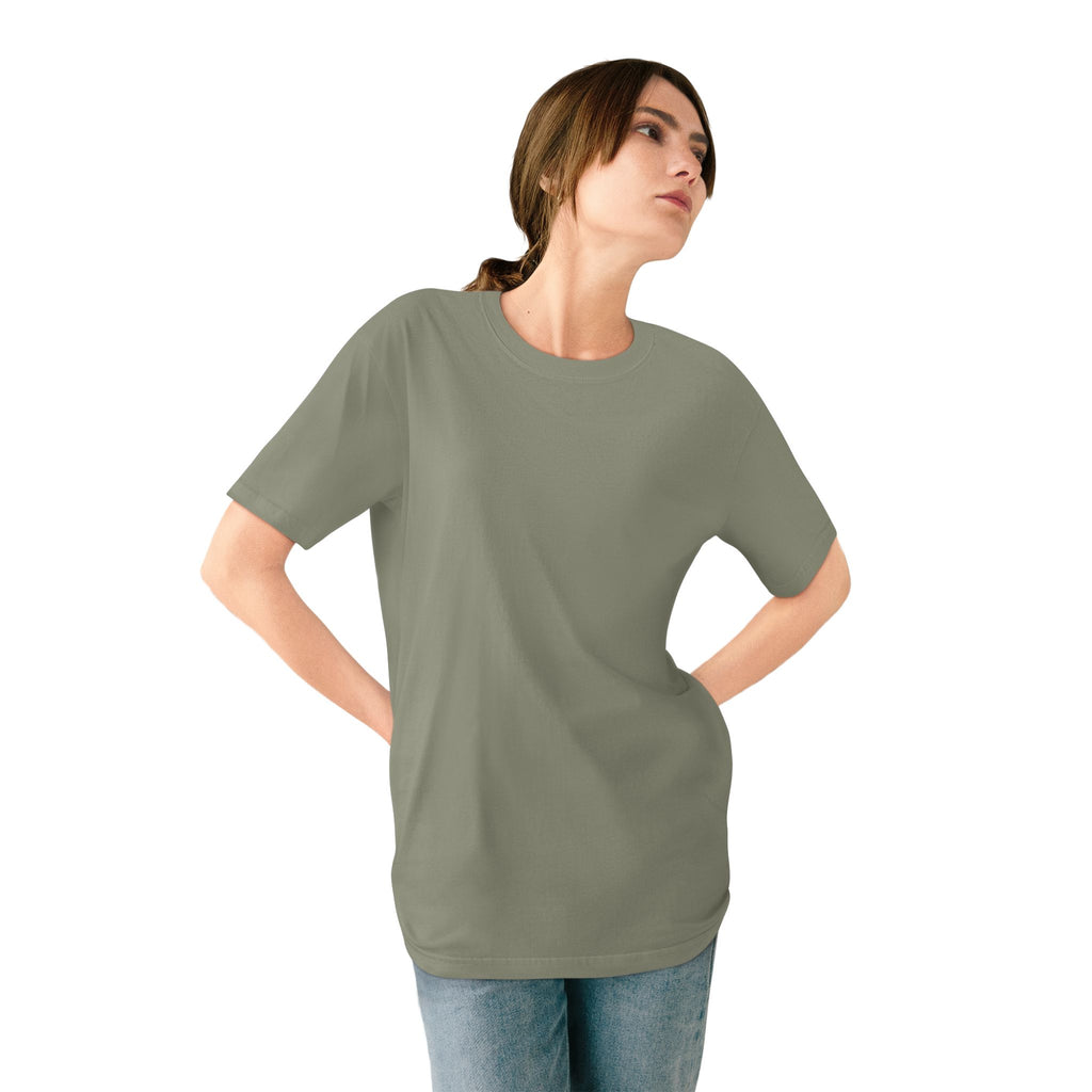 The Penguin Mountain River T-shirt in Eucalyptus, worn outdoors