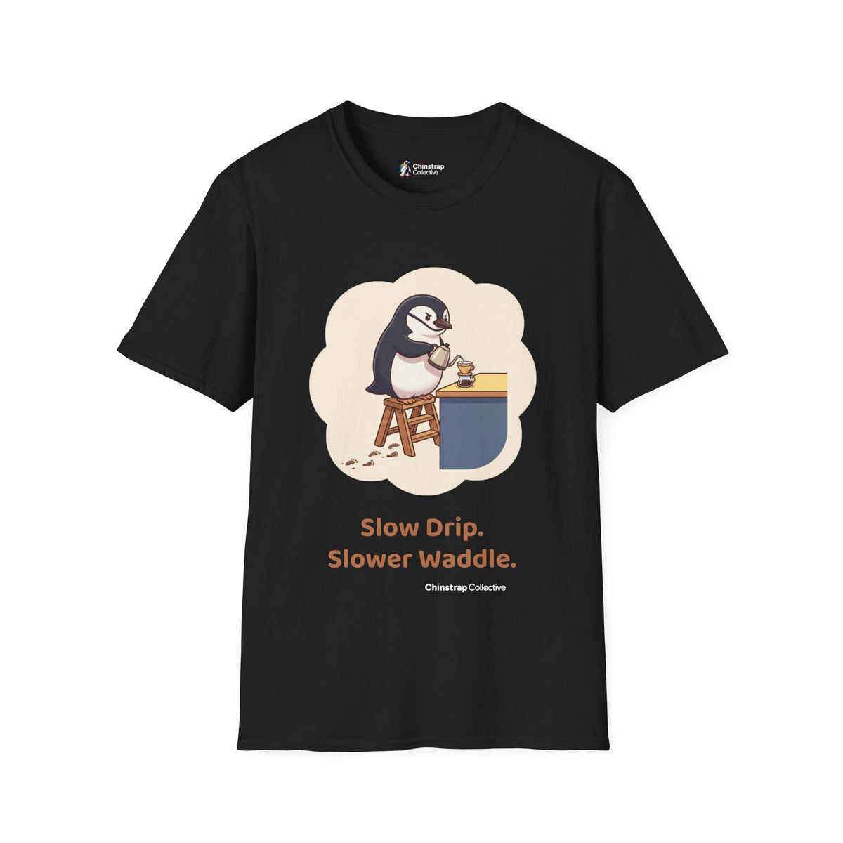 Pour-Over Patience penguin T-shirt in Black: Standing