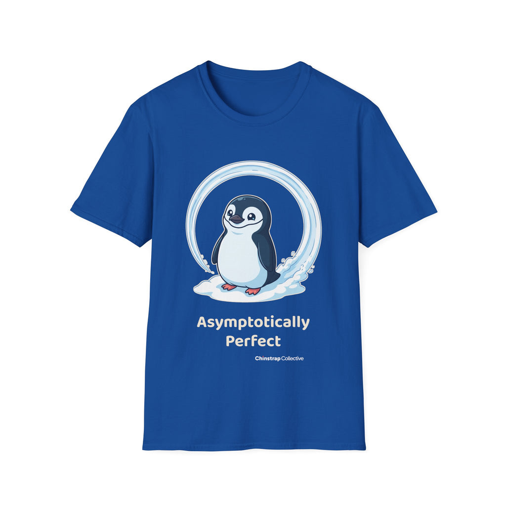 Asymptotically Perfect penguin T-shirt in Royal: The chinstrap penguin stands inside a near-perfect circle it slid into…