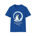 Asymptotically Perfect penguin T-shirt in Royal: The chinstrap penguin stands inside a near-perfect circle it slid into…