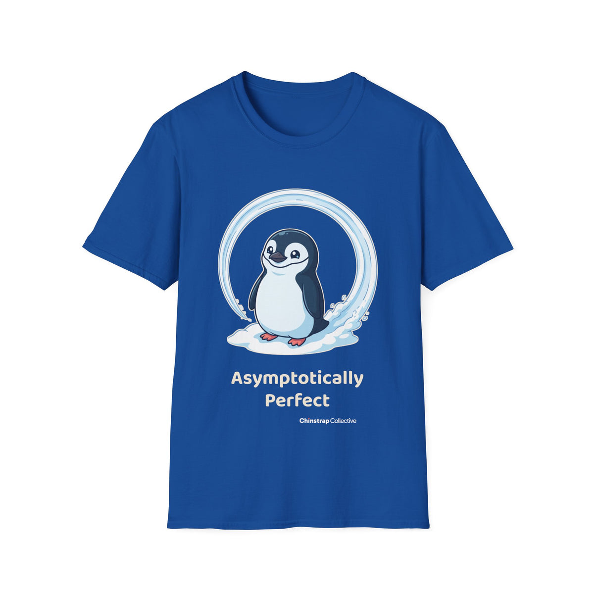 Asymptotically Perfect penguin T-shirt in Royal: The chinstrap penguin stands inside a near-perfect circle it slid into…