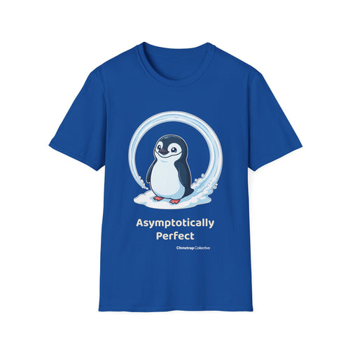 Asymptotically Perfect penguin T-shirt in Royal: The chinstrap penguin stands inside a near-perfect circle it slid into…