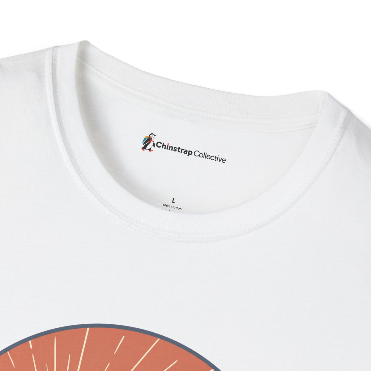 The Chinstrap Collective neck label on the Hiked Up T-shirt in White