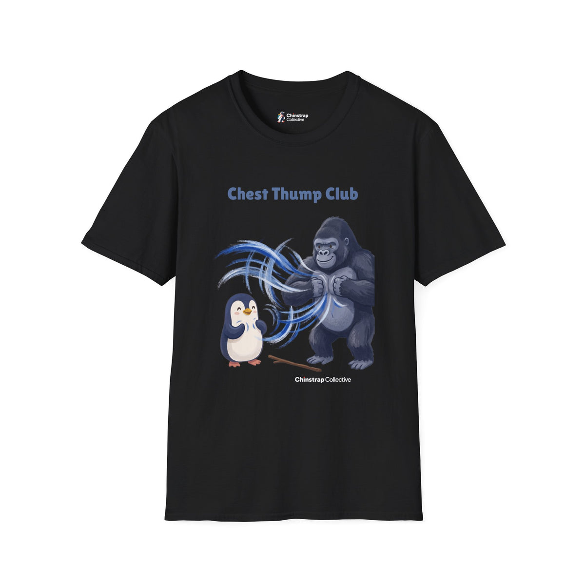 Chest Thump Club penguin T-shirt in Black: The penguin and a gorilla thump their chests in a playful face-off, swirls of…
