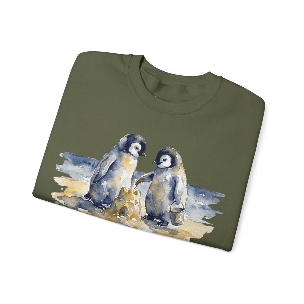 The Sandcastle Penguin Chicks sweatshirt in Military Green, folded