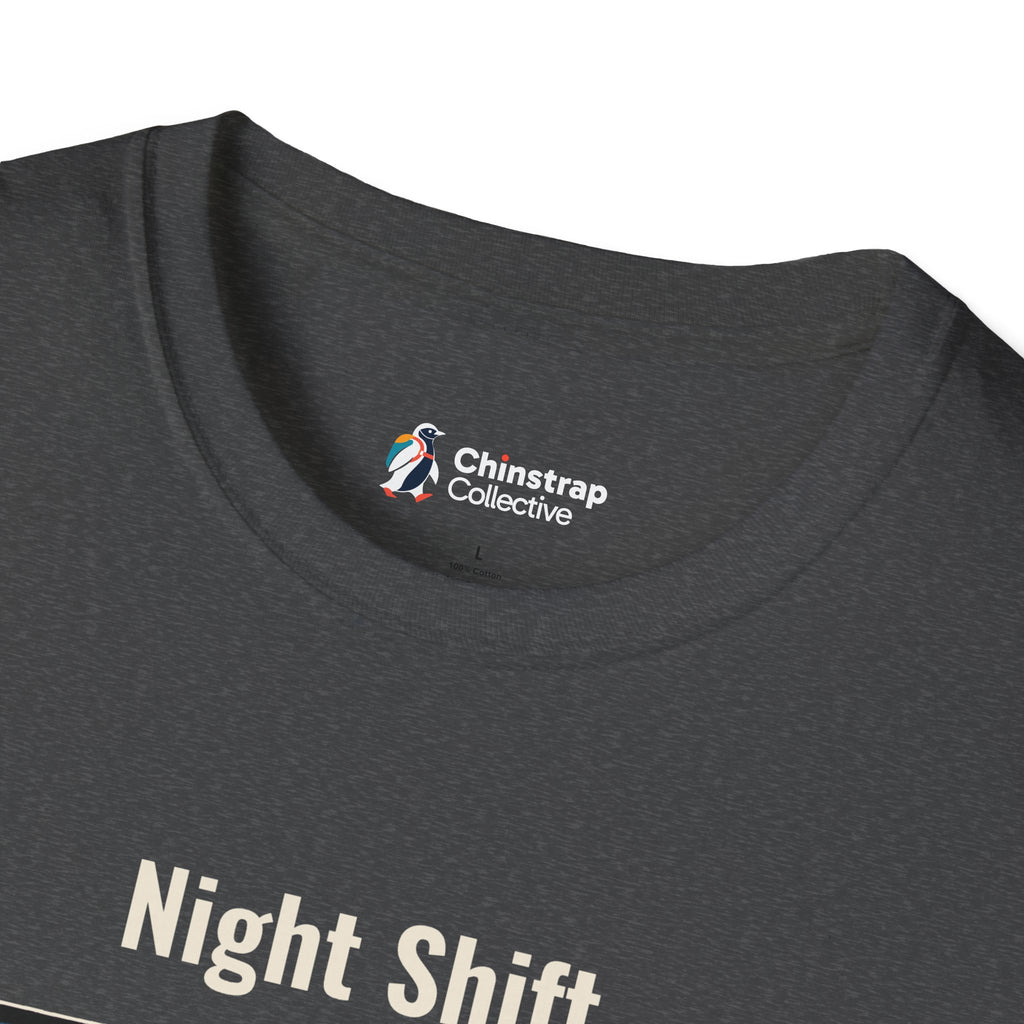 The Chinstrap Collective neck label on the Still Waddling T-shirt in Dark Heather