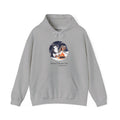 Campfire Fish penguin hoodie in Sport Grey: The chinstrap penguin sits by a low campfire at night, roasting a small fish