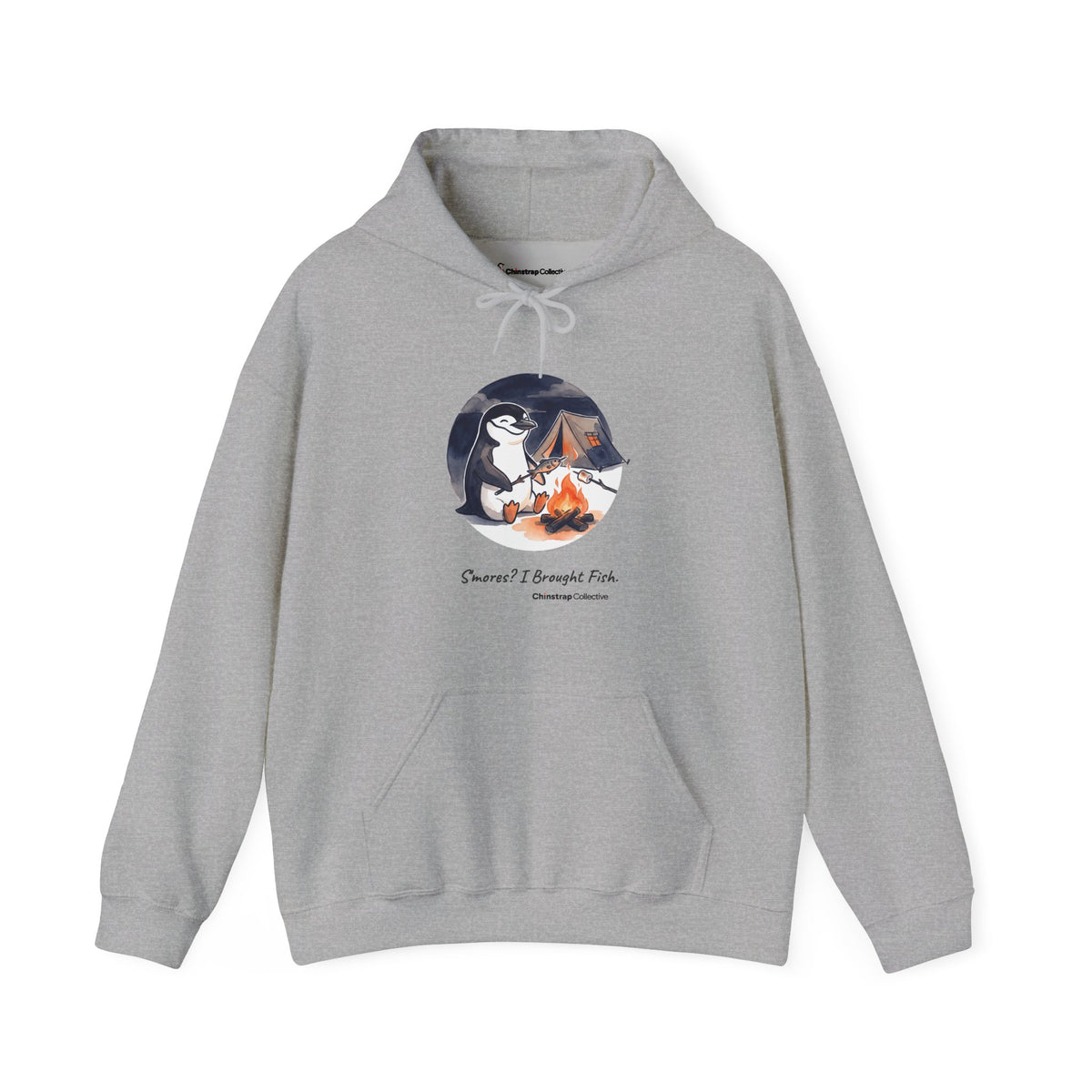 Campfire Fish penguin hoodie in Sport Grey: The chinstrap penguin sits by a low campfire at night, roasting a small fish