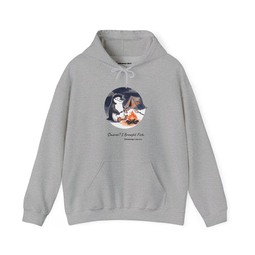 Campfire Fish penguin hoodie in Sport Grey: The chinstrap penguin sits by a low campfire at night, roasting a small fish