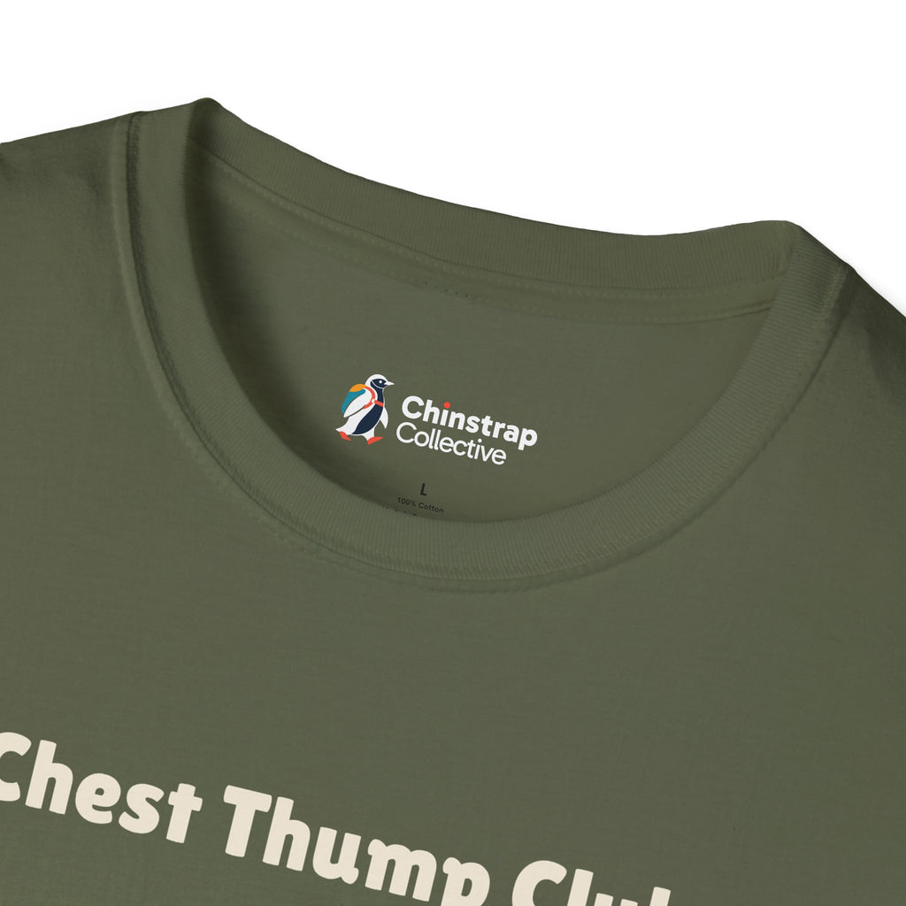 The Chinstrap Collective neck label on the Chest Thump Club T-shirt in Military Green