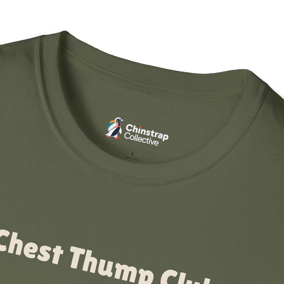 The Chinstrap Collective neck label on the Chest Thump Club T-shirt in Military Green