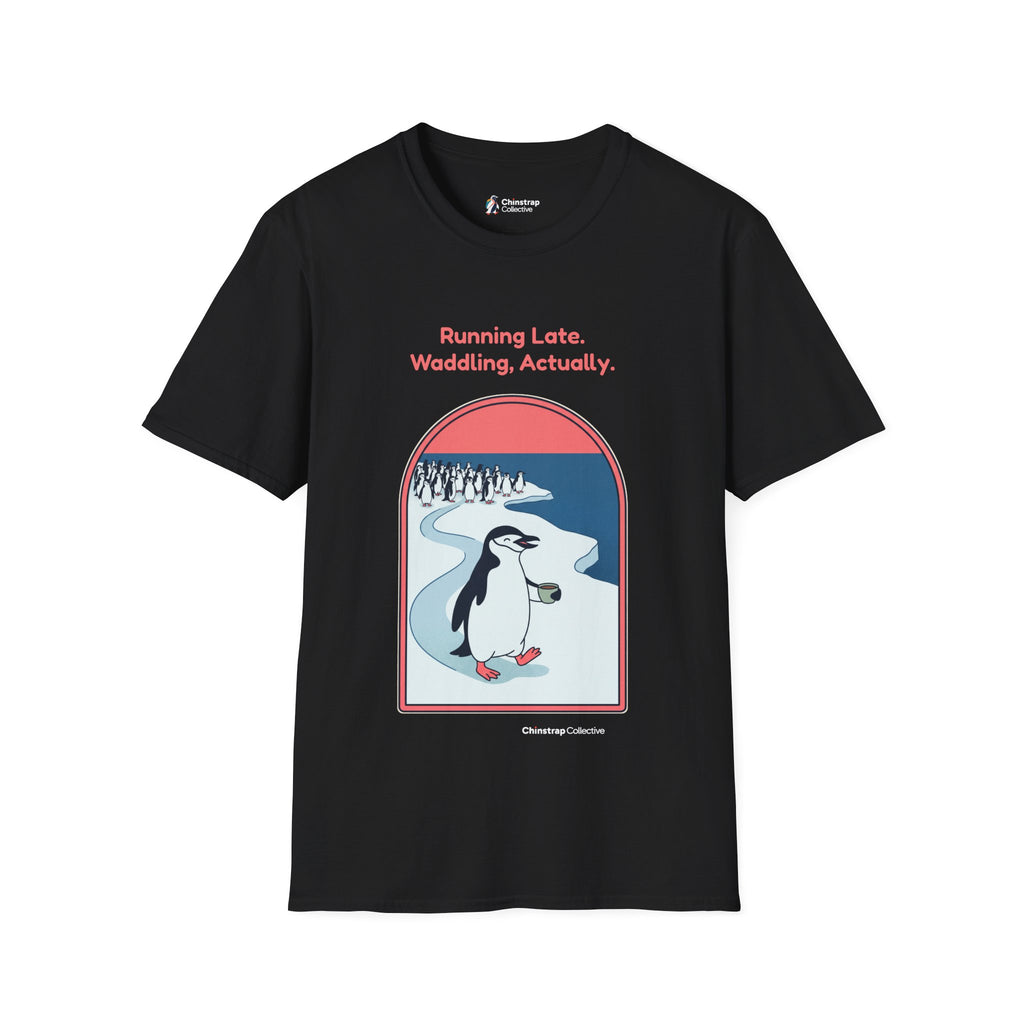Waddling penguin T-shirt in Black: The art shows the chinstrap penguin waddling along a long icy path at its own serene…
