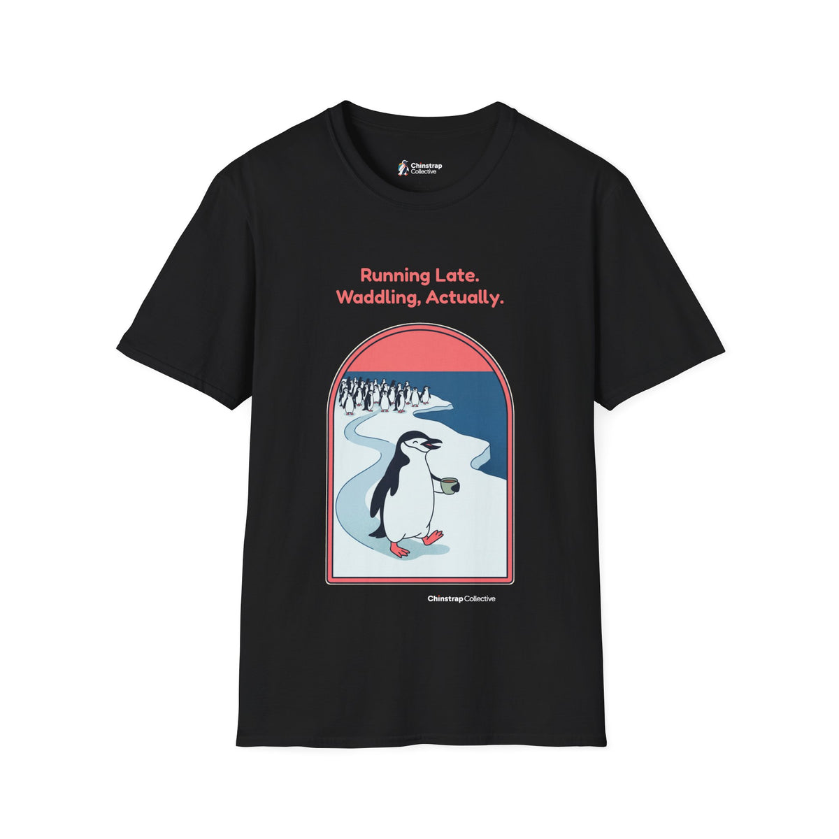 Waddling penguin T-shirt in Black: The art shows the chinstrap penguin waddling along a long icy path at its own serene…