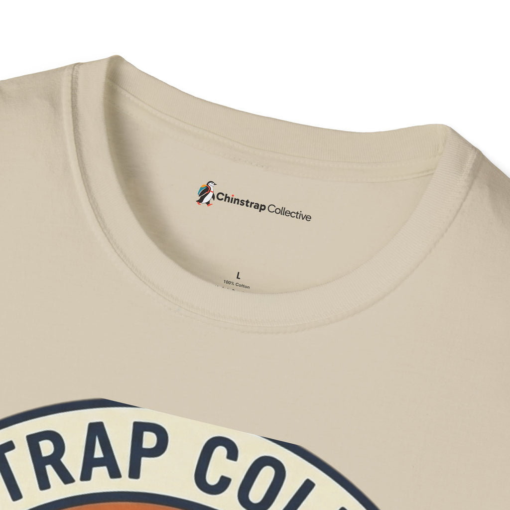 The Chinstrap Collective neck label on the Penguin Patch T-shirt in Sand