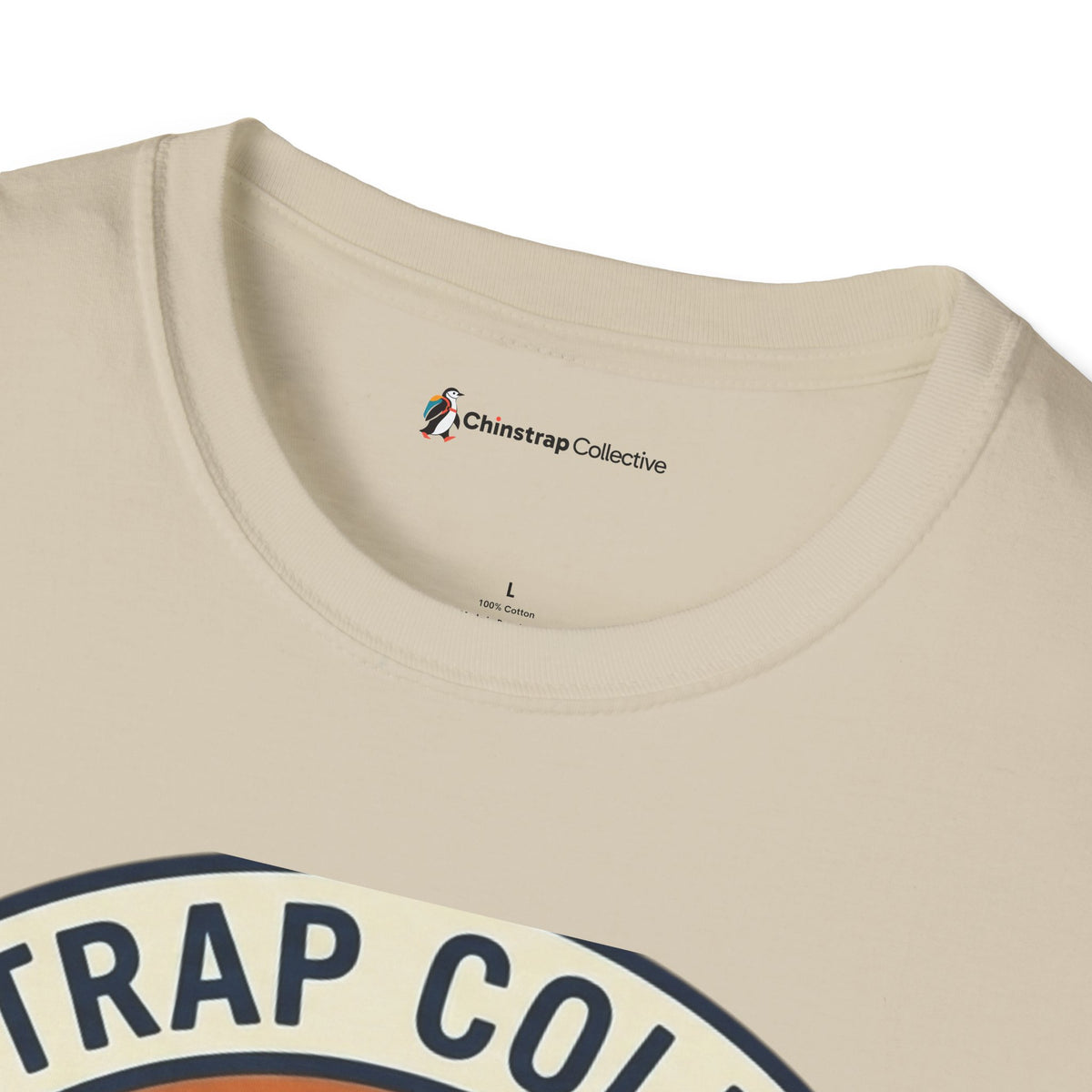 The Chinstrap Collective neck label on the Penguin Patch T-shirt in Sand