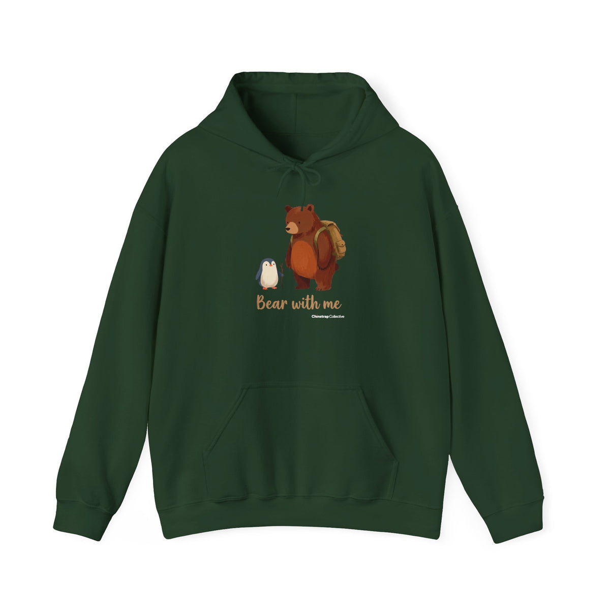 Bear With Me penguin hoodie in Forest Green: A small penguin with a walking stick stands beside a big brown bear wearing…