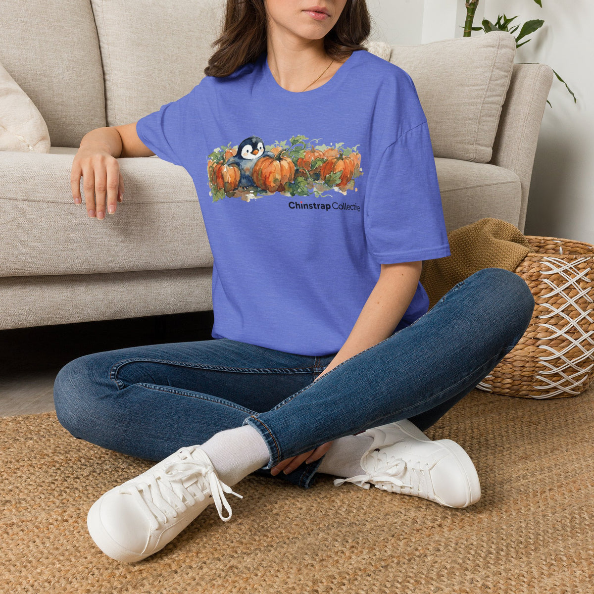 The Penguin Pumpkin Patch T-shirt in Heather Royal, worn outdoors
