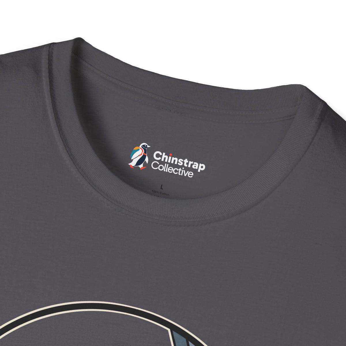 The Chinstrap Collective neck label on the Priority Belly Slide T-shirt in Charcoal