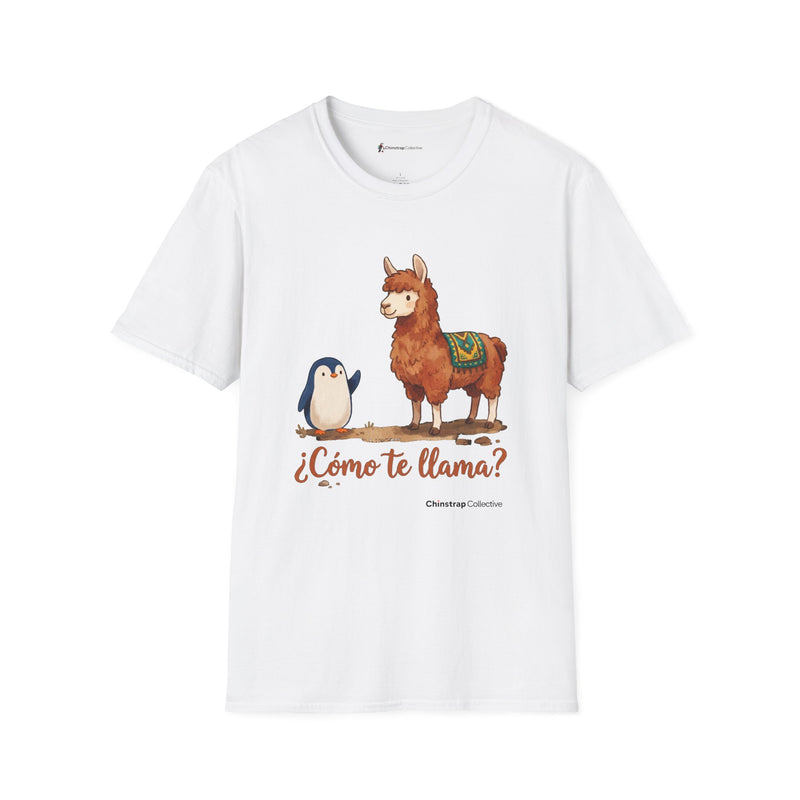 ¿Cómo Te Llama? penguin T-shirt in White: The penguin waves hello to a fluffy llama wearing a woven saddle blanket.…