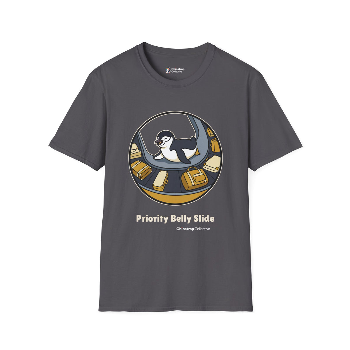Priority Belly Slide penguin T-shirt in Charcoal: Inside a round frame, the penguin belly-slides along an airport luggage…