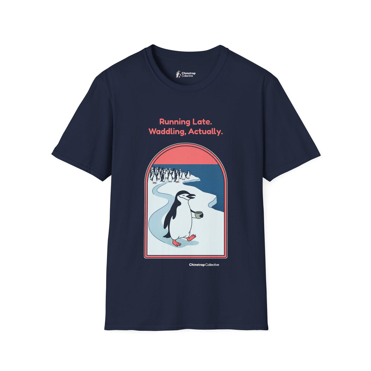 Waddling penguin T-shirt in Navy: The art shows the chinstrap penguin waddling along a long icy path at its own serene…