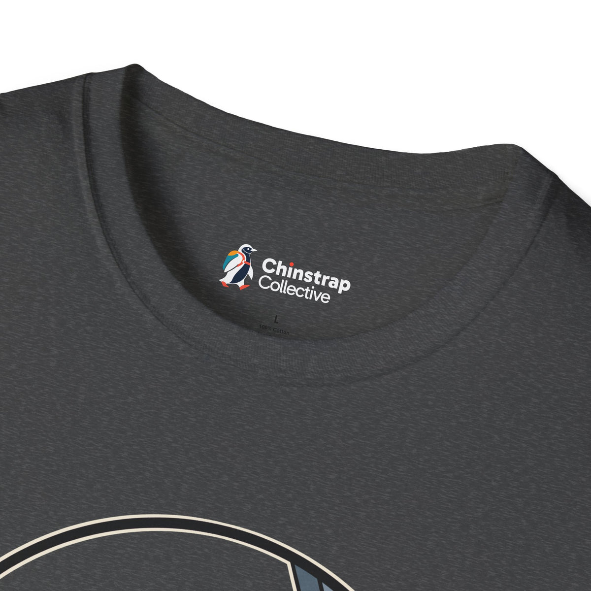 The Chinstrap Collective neck label on the Priority Belly Slide T-shirt in Dark Heather