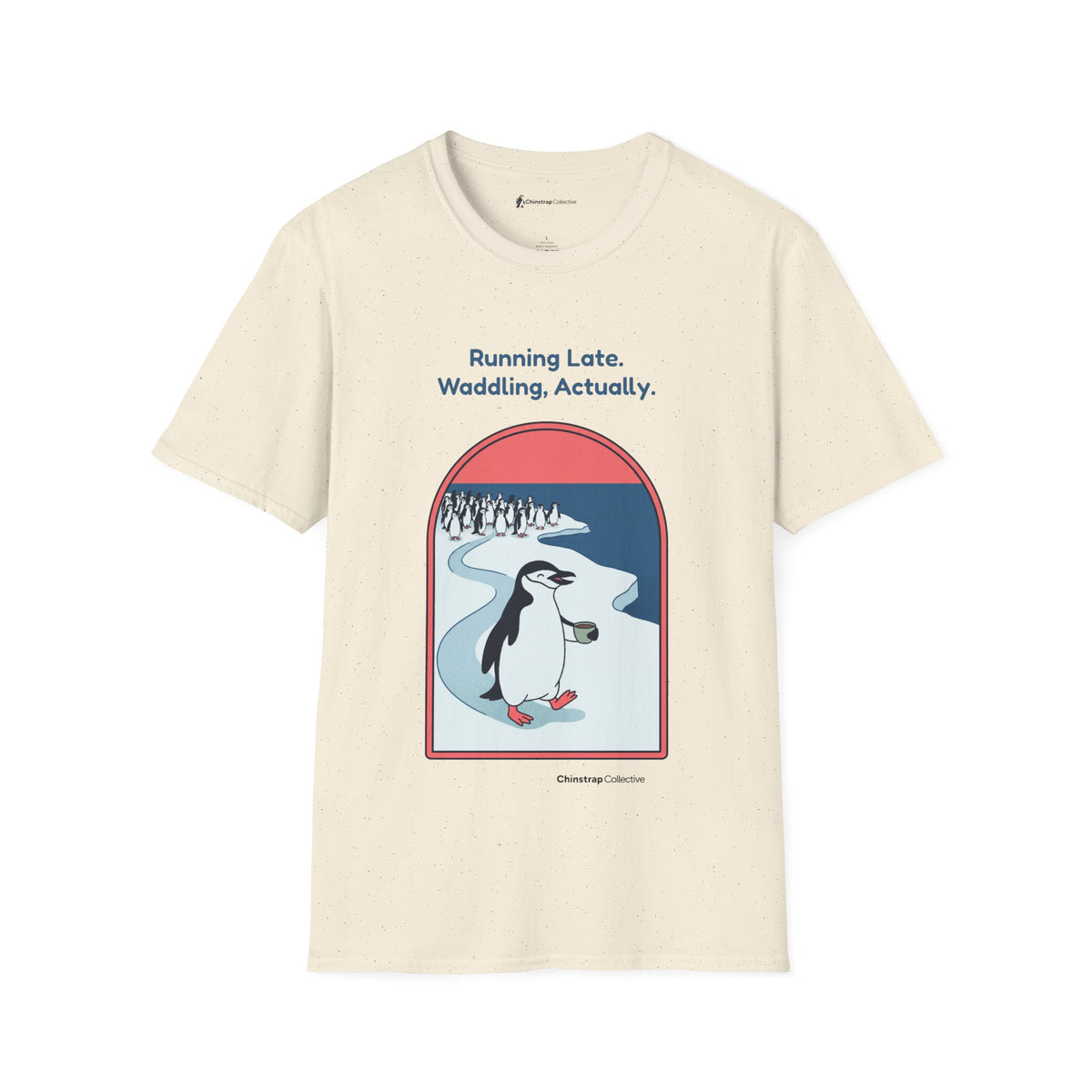 Waddling penguin T-shirt in Natural: The art shows the chinstrap penguin waddling along a long icy path at its own serene…