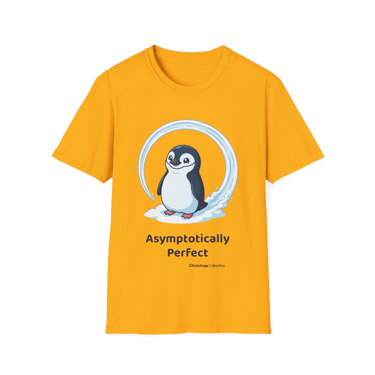 Asymptotically Perfect penguin T-shirt in Gold: The chinstrap penguin stands inside a near-perfect circle it slid into…