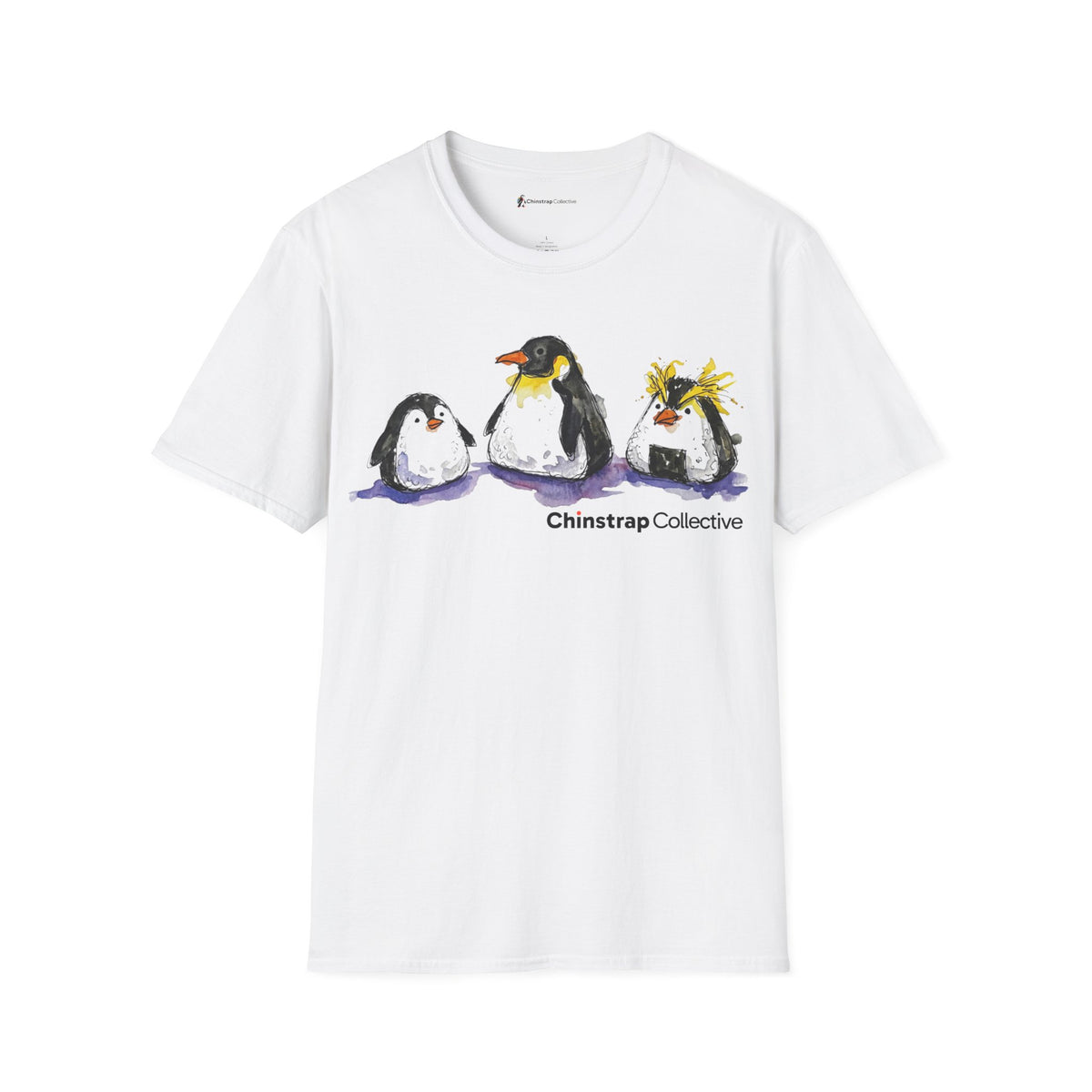 Onigiri Penguin Trio penguin T-shirt in White: The front print is loose black ink over watercolor. It shows three…