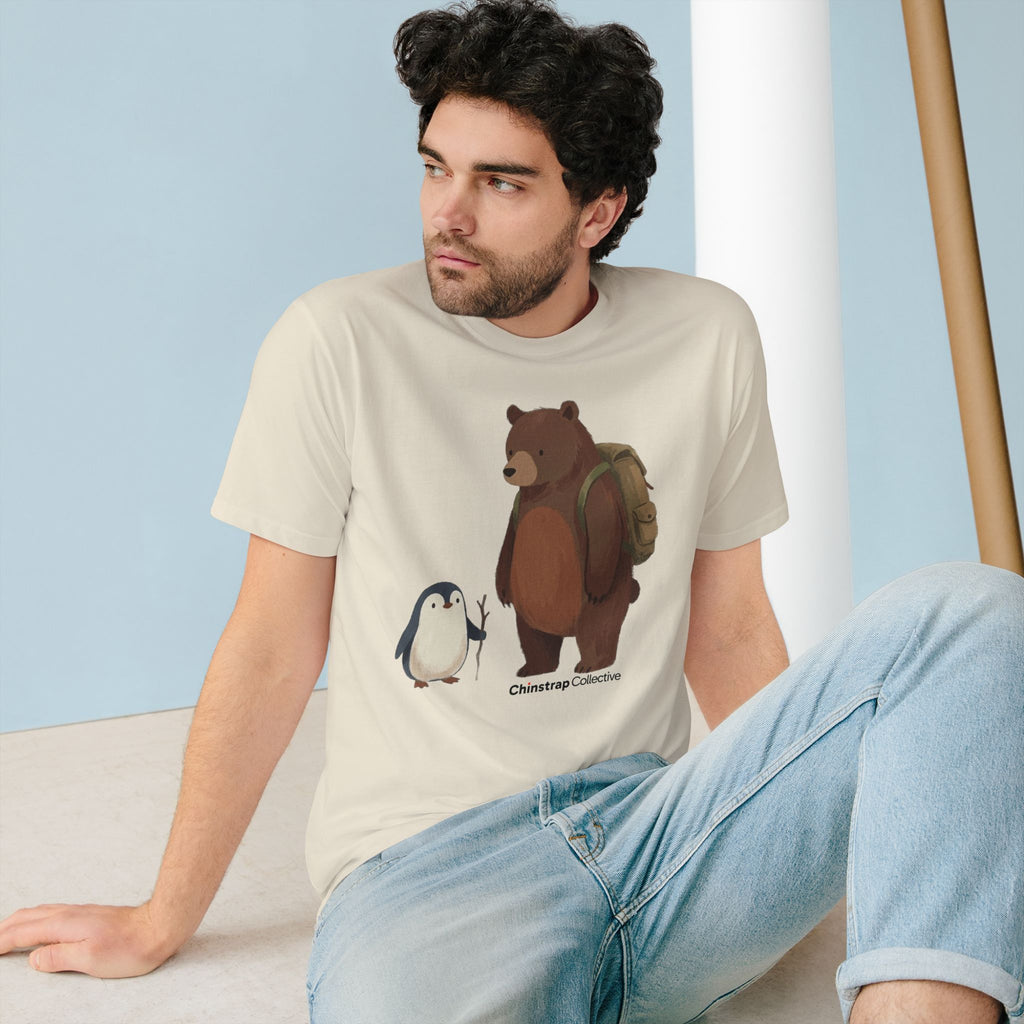 The Bear and Penguin Hike T-shirt in Natural, worn outdoors
