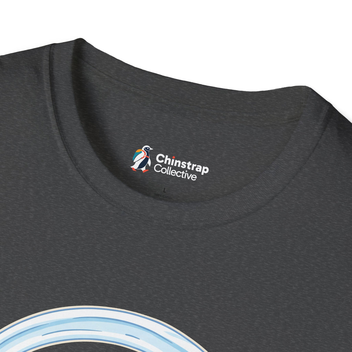 The Chinstrap Collective neck label on the Asymptotically Perfect T-shirt in Dark Heather