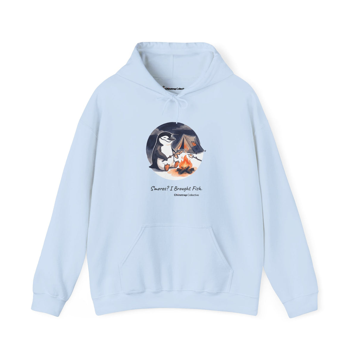 Campfire Fish penguin hoodie in Light Blue: The chinstrap penguin sits by a low campfire at night, roasting a small fish