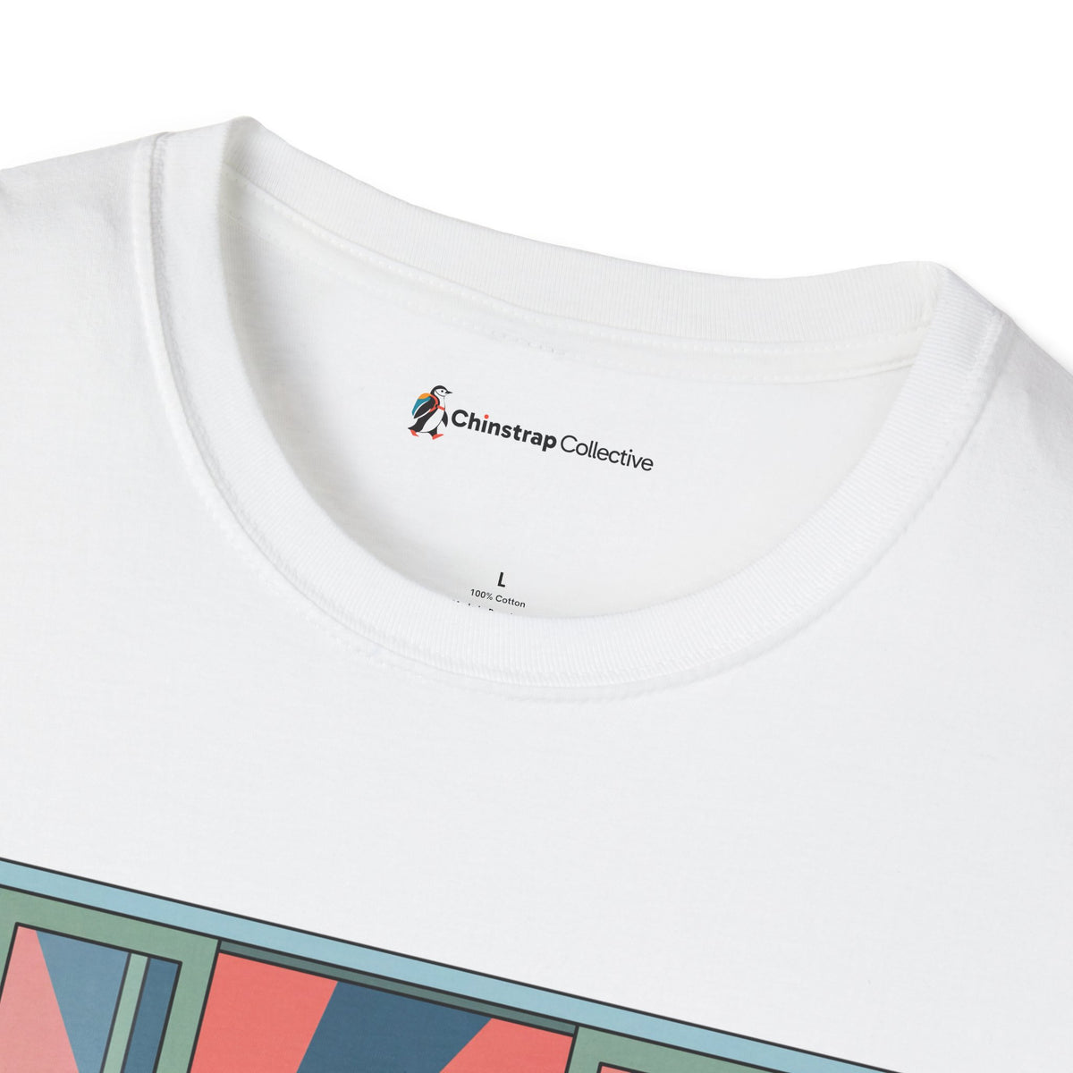 The Chinstrap Collective neck label on the Post-Shift Waddle T-shirt in White